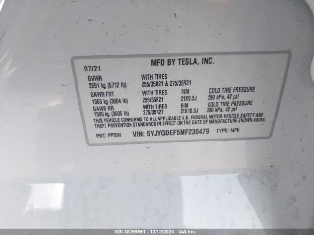 Photo 8 VIN: 5YJYGDEF5MF230479 - TESLA MODEL Y 