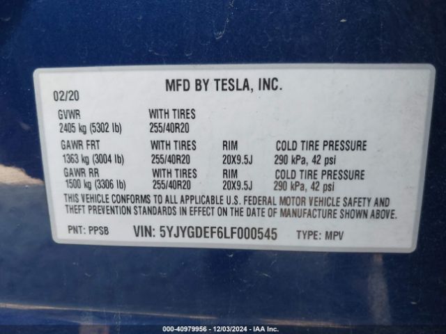 Photo 8 VIN: 5YJYGDEF6LF000545 - TESLA MODEL Y 