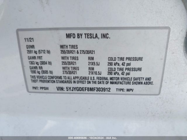 Photo 8 VIN: 5YJYGDEF8MF303912 - TESLA MODEL Y 