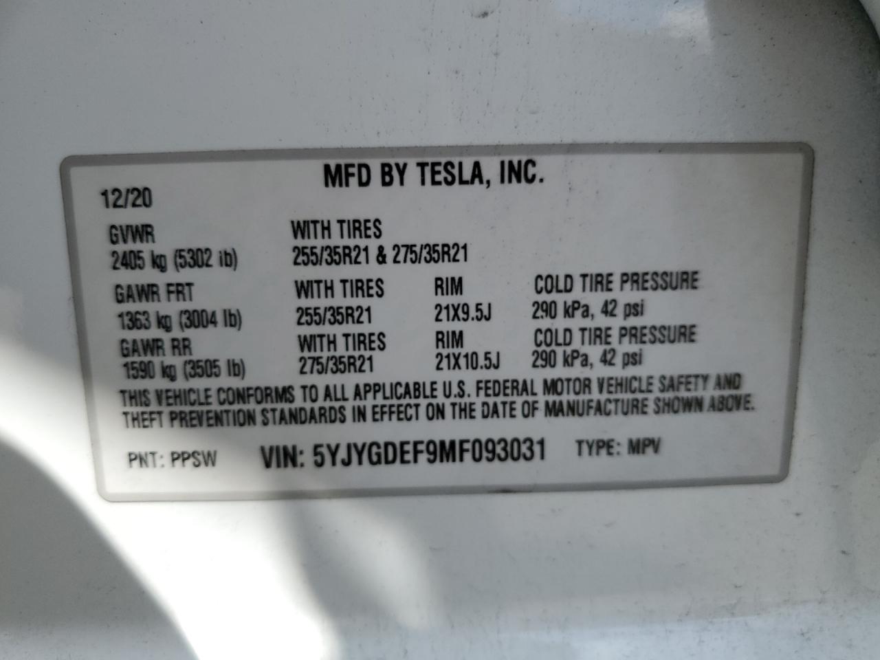 Photo 12 VIN: 5YJYGDEF9MF093031 - TESLA MODEL Y 