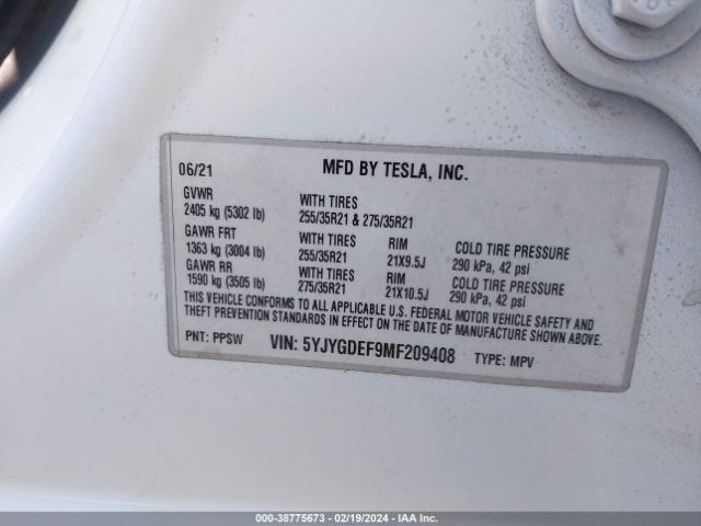 Photo 8 VIN: 5YJYGDEF9MF209408 - TESLA MODEL Y 