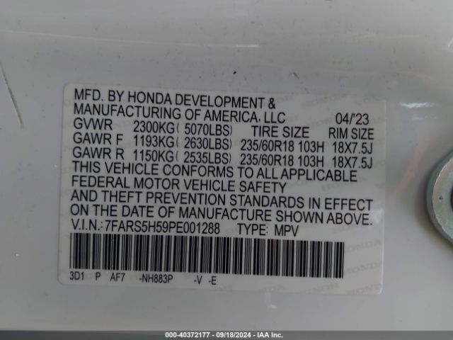 Photo 8 VIN: 7FARS5H59PE001288 - HONDA CR-V 