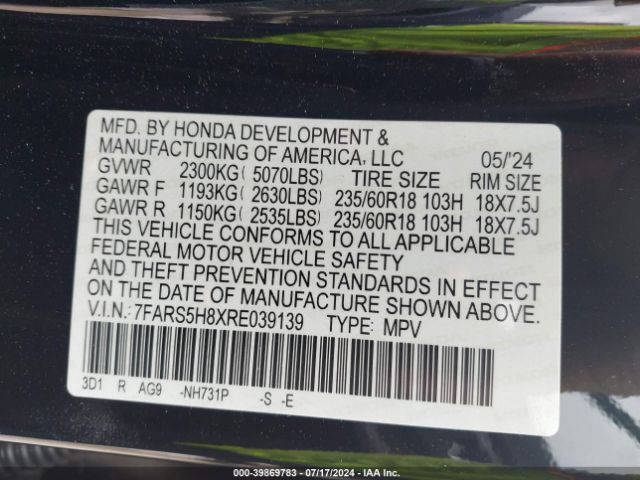 Photo 8 VIN: 7FARS5H8XRE039139 - HONDA CR-V 