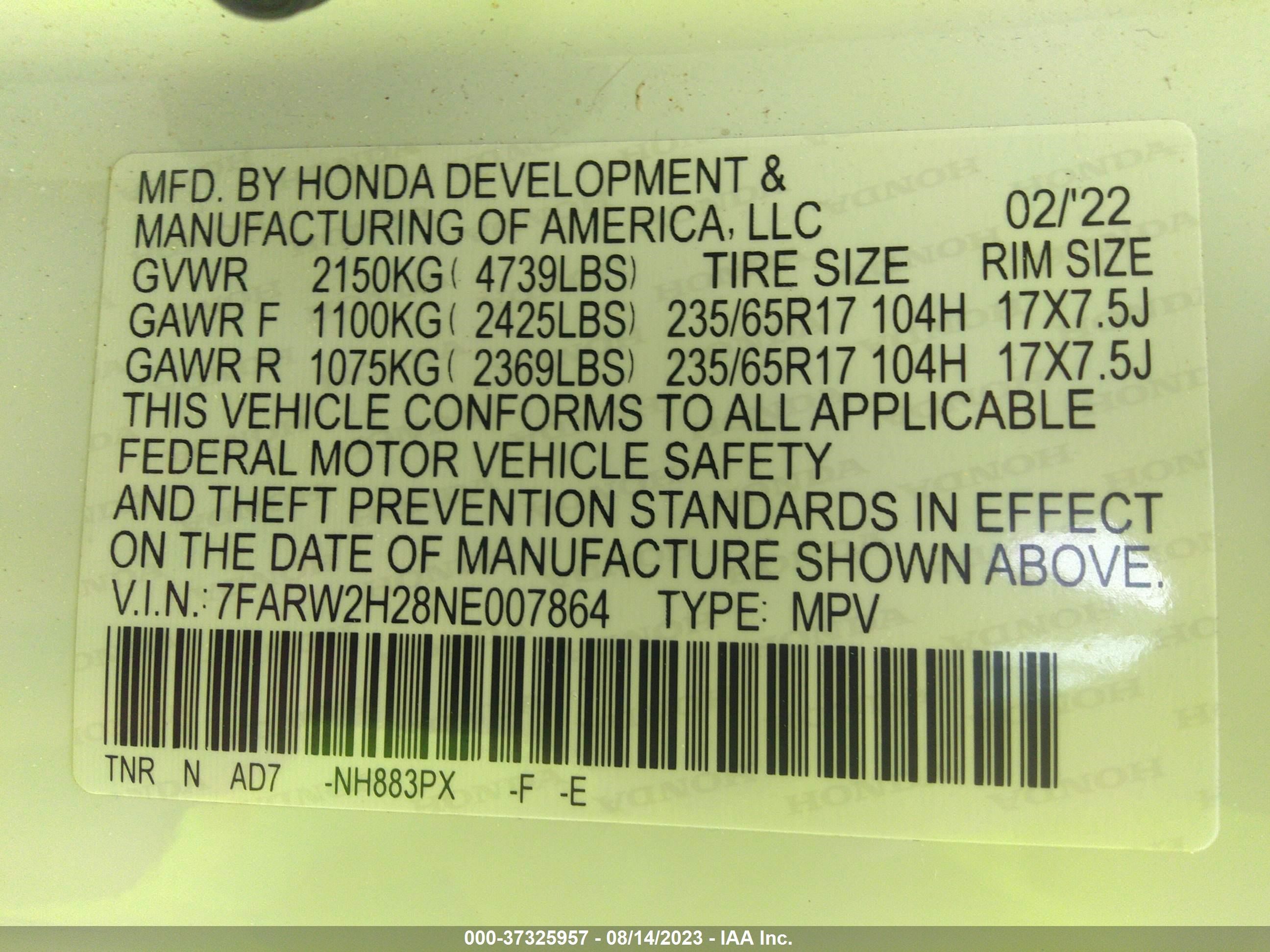 Photo 8 VIN: 7FARW2H28NE007864 - HONDA CR-V 