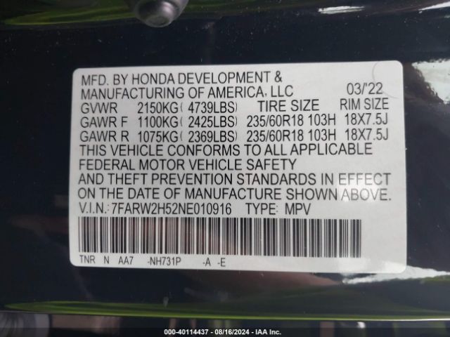 Photo 8 VIN: 7FARW2H52NE010916 - HONDA CR-V 