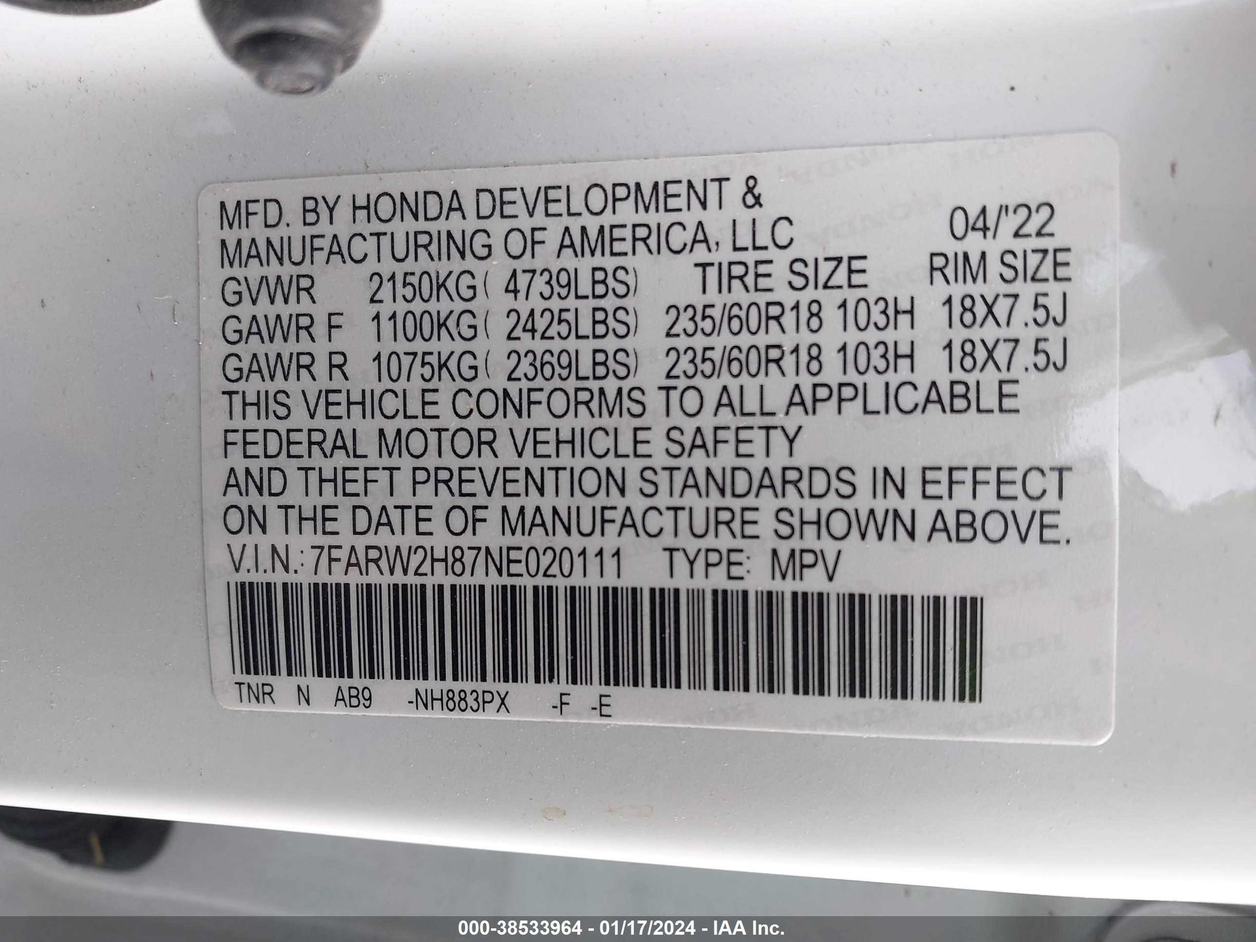 Photo 8 VIN: 7FARW2H87NE020111 - HONDA CR-V 