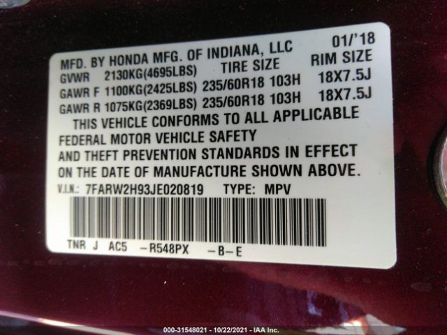 Photo 8 VIN: 7FARW2H93JE020819 - HONDA CR-V 