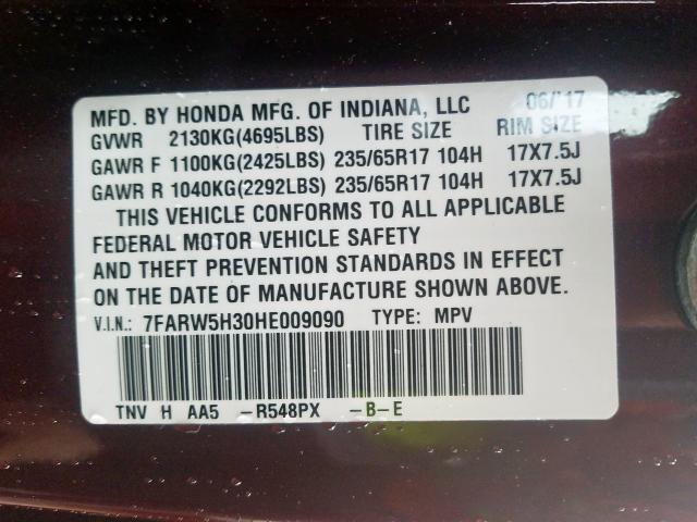 Photo 9 VIN: 7FARW5H30HE009090 - HONDA CR-V LX 