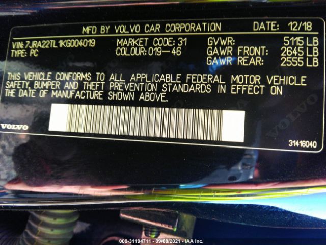 Photo 8 VIN: 7JRA22TL1KG004019 - VOLVO S60 