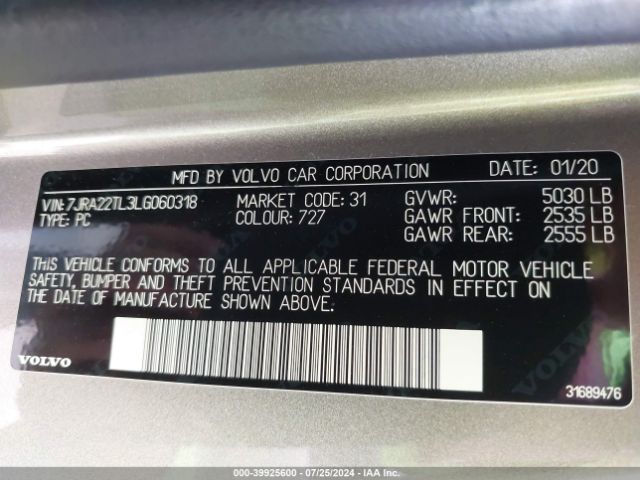 Photo 8 VIN: 7JRA22TL3LG060318 - VOLVO S60 