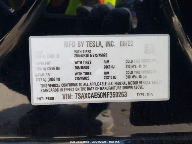 Photo 8 VIN: 7SAXCAE50NF359263 - TESLA MODEL X 