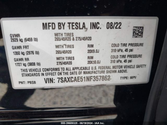 Photo 8 VIN: 7SAXCAE51NF357862 - TESLA MODEL X 