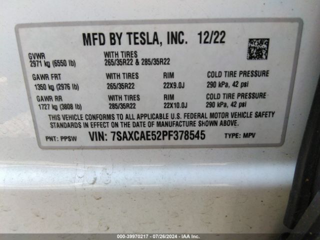 Photo 8 VIN: 7SAXCAE52PF378545 - TESLA MODEL X 