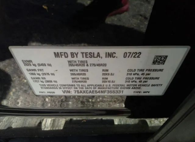 Photo 8 VIN: 7SAXCAE54NF355331 - TESLA MODEL X 