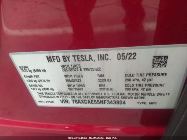 Photo 8 VIN: 7SAXCAE55NF343804 - TESLA MODEL X 