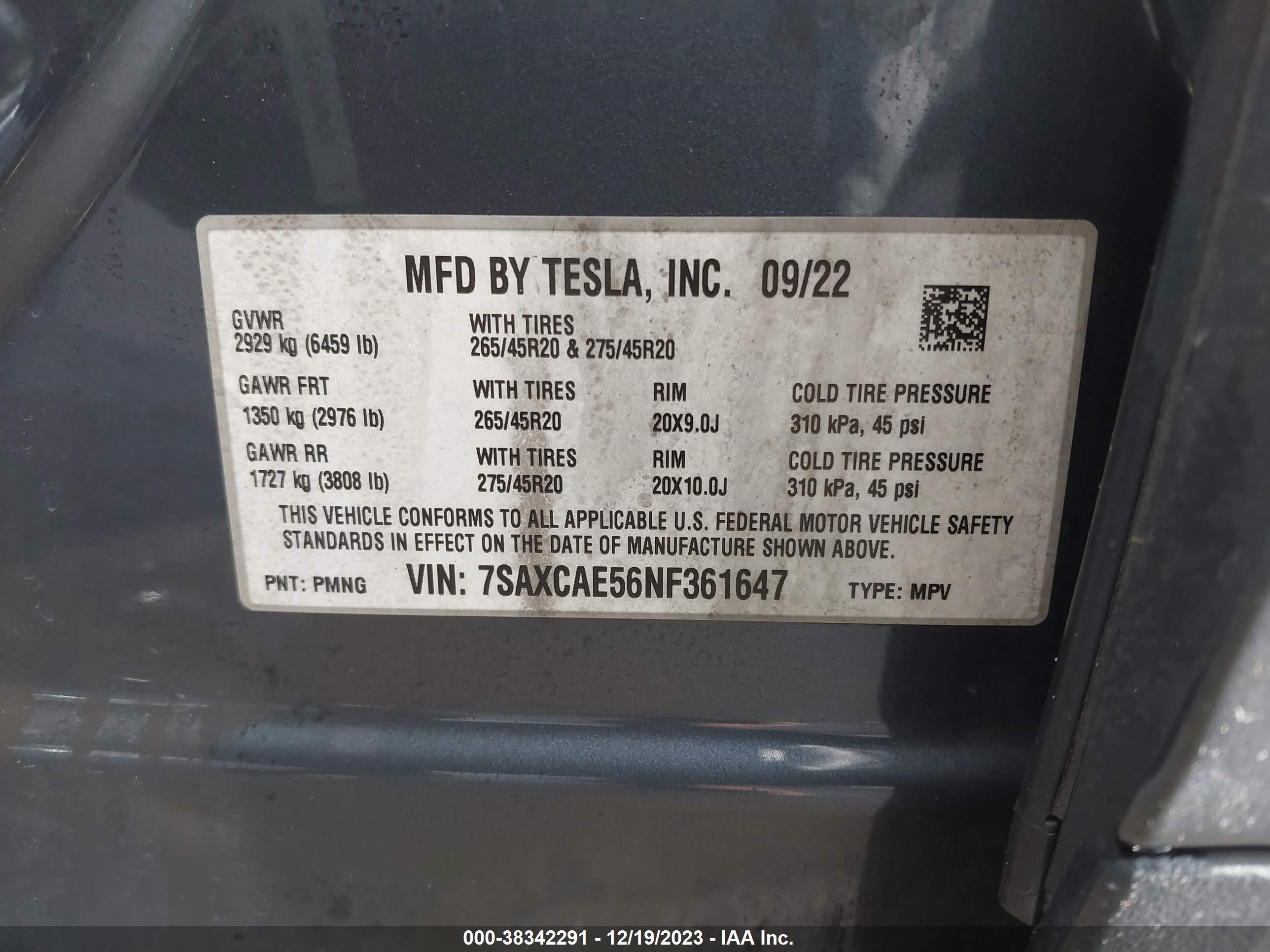 Photo 7 VIN: 7SAXCAE56NF361647 - TESLA MODEL X 