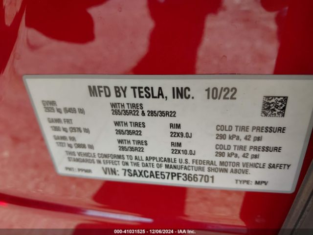 Photo 8 VIN: 7SAXCAE57PF366701 - TESLA MODEL X 