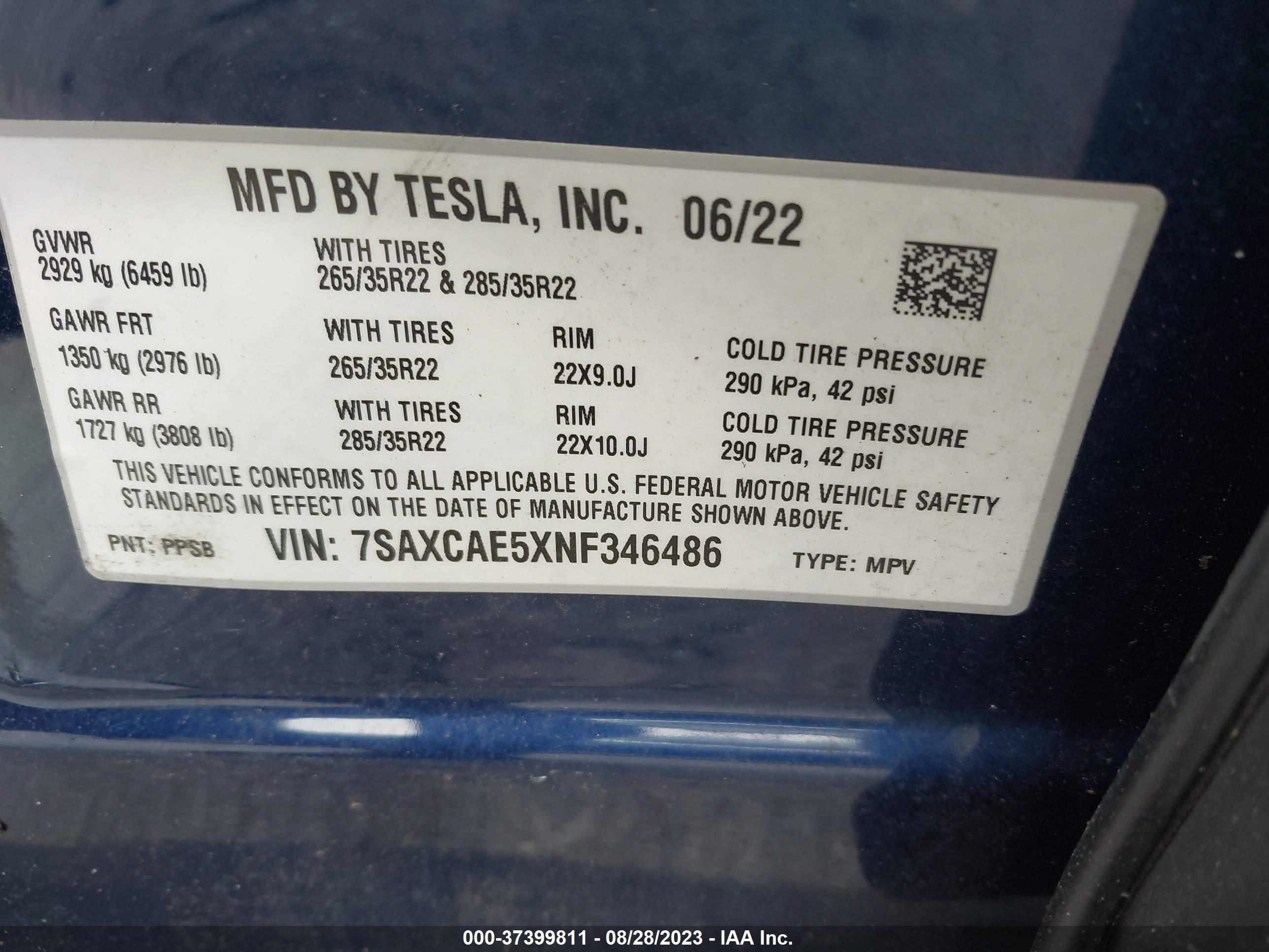 Photo 8 VIN: 7SAXCAE5XNF346486 - TESLA MODEL X 