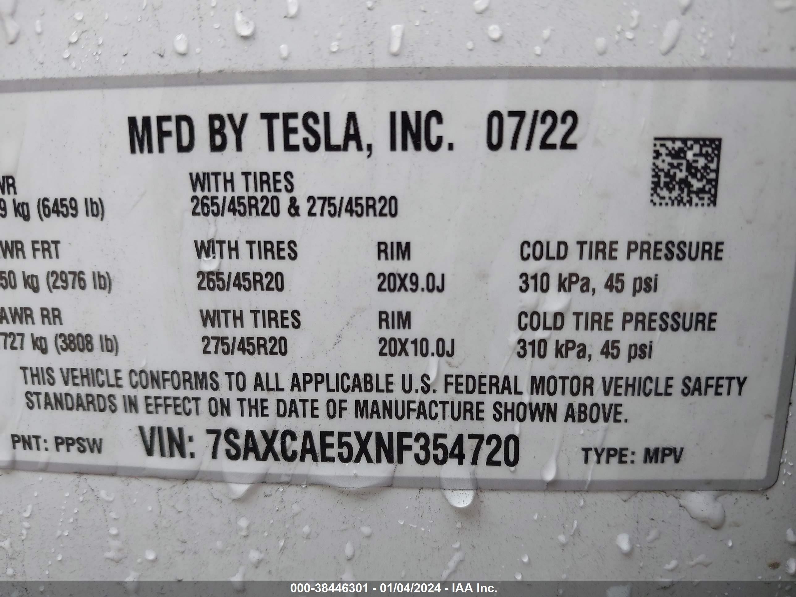 Photo 7 VIN: 7SAXCAE5XNF354720 - TESLA MODEL X 