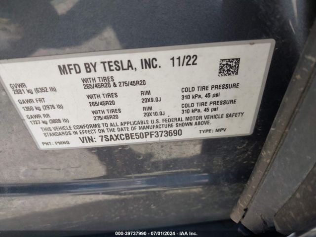 Photo 8 VIN: 7SAXCBE50PF373690 - TESLA MODEL X 