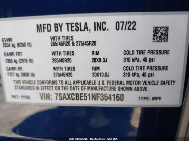 Photo 8 VIN: 7SAXCBE51NF354160 - TESLA MODEL X 