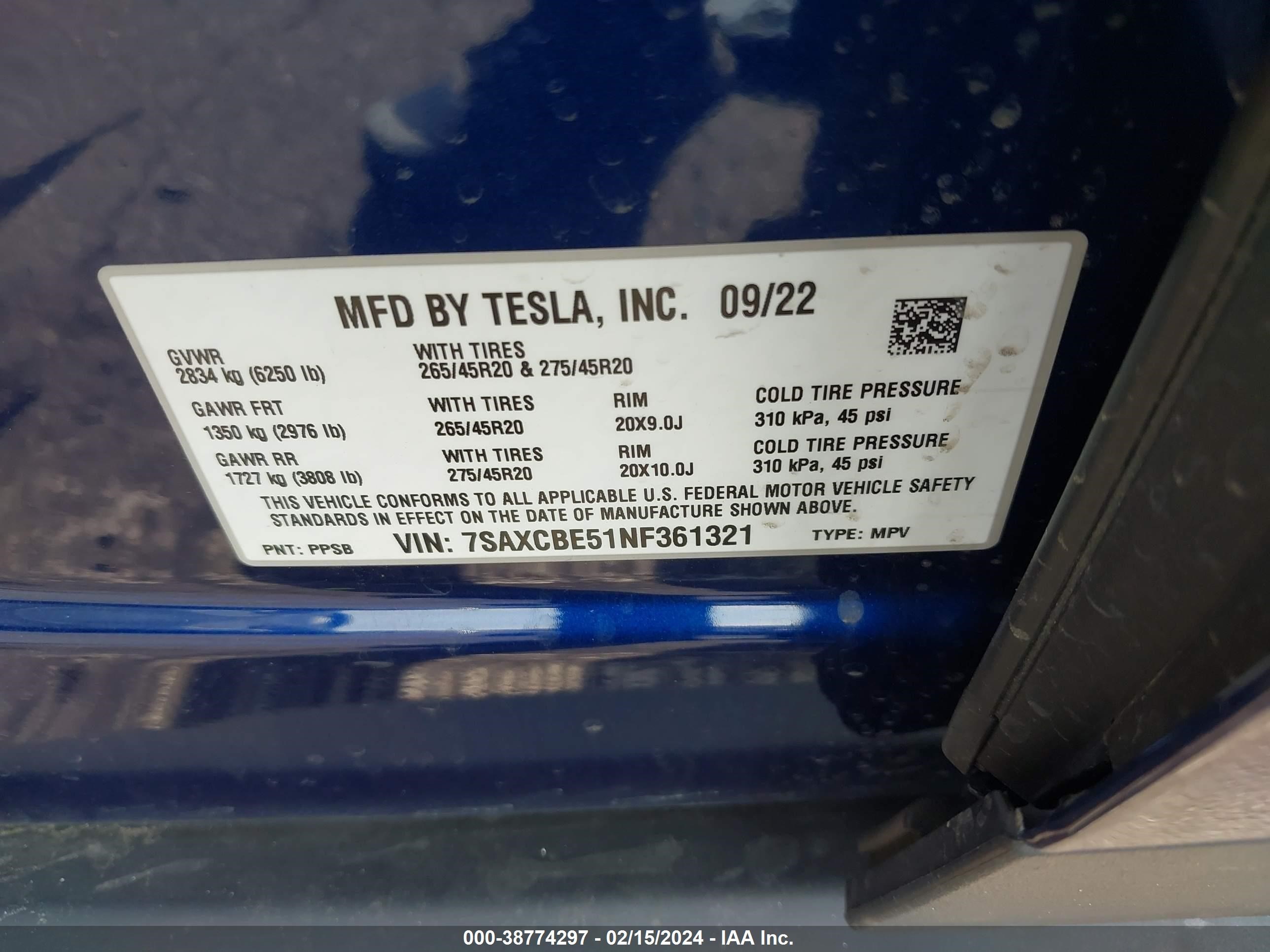 Photo 7 VIN: 7SAXCBE51NF361321 - TESLA MODEL X 