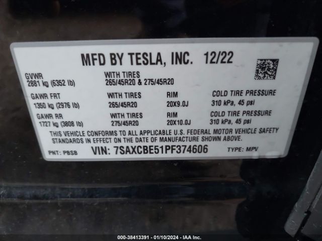 Photo 8 VIN: 7SAXCBE51PF374606 - TESLA MODEL X 