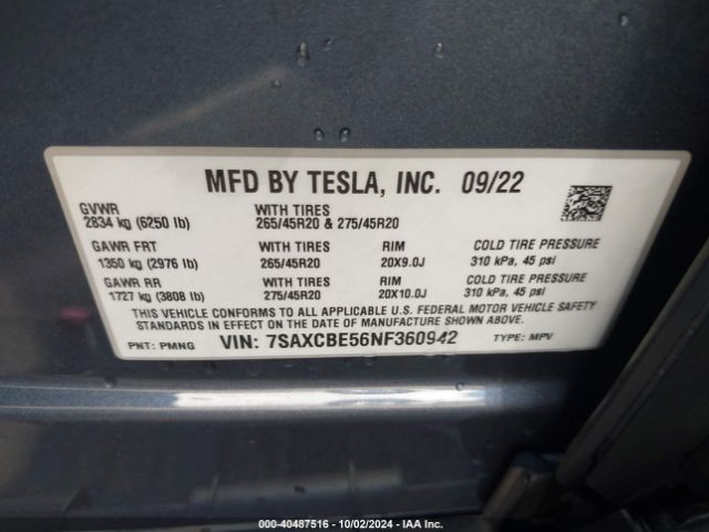 Photo 8 VIN: 7SAXCBE56NF360942 - TESLA MODEL X 