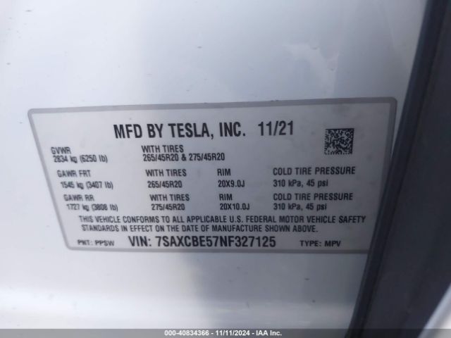 Photo 8 VIN: 7SAXCBE57NF327125 - TESLA MODEL X 