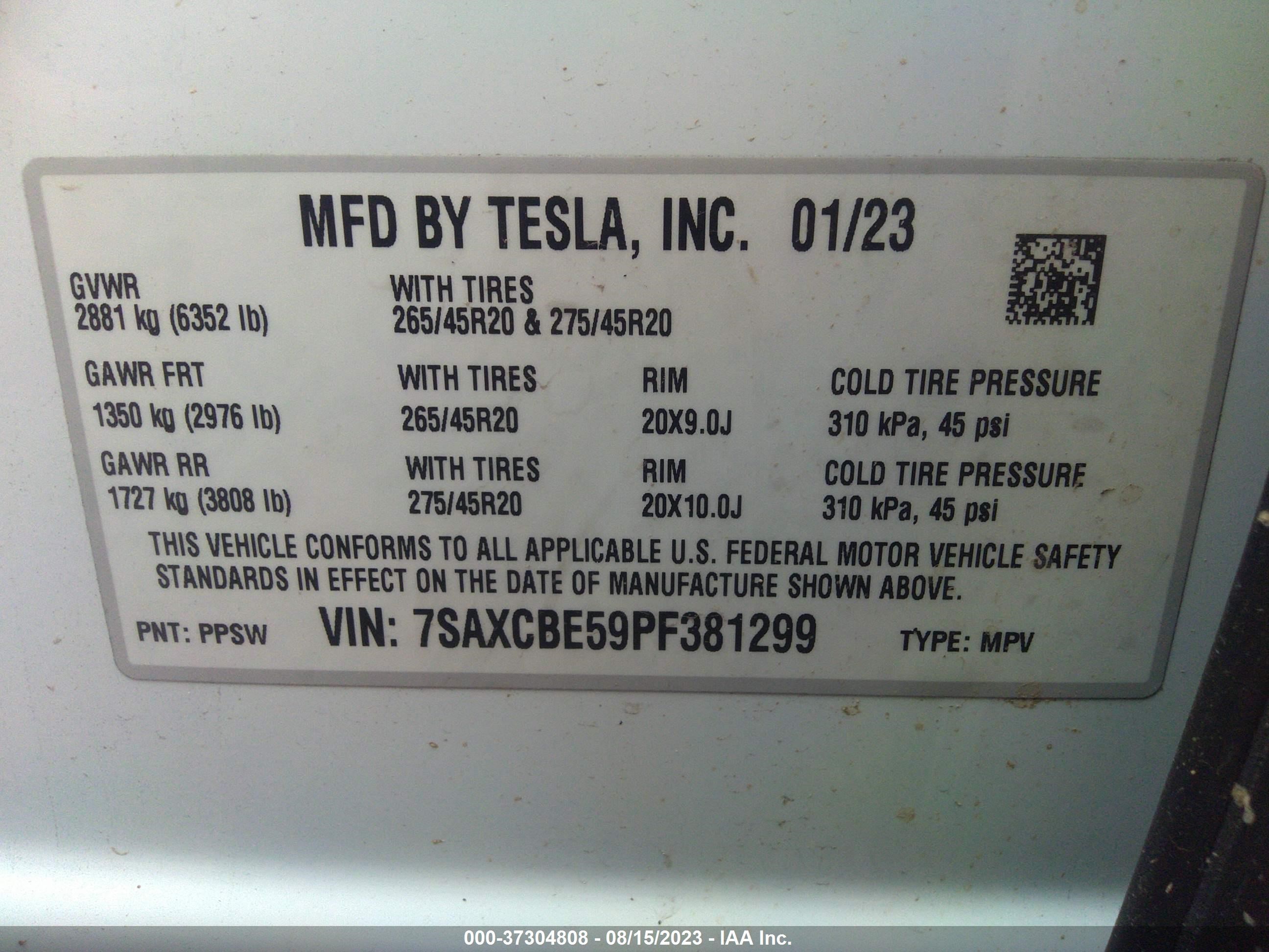 Photo 8 VIN: 7SAXCBE59PF381299 - TESLA MODEL X 