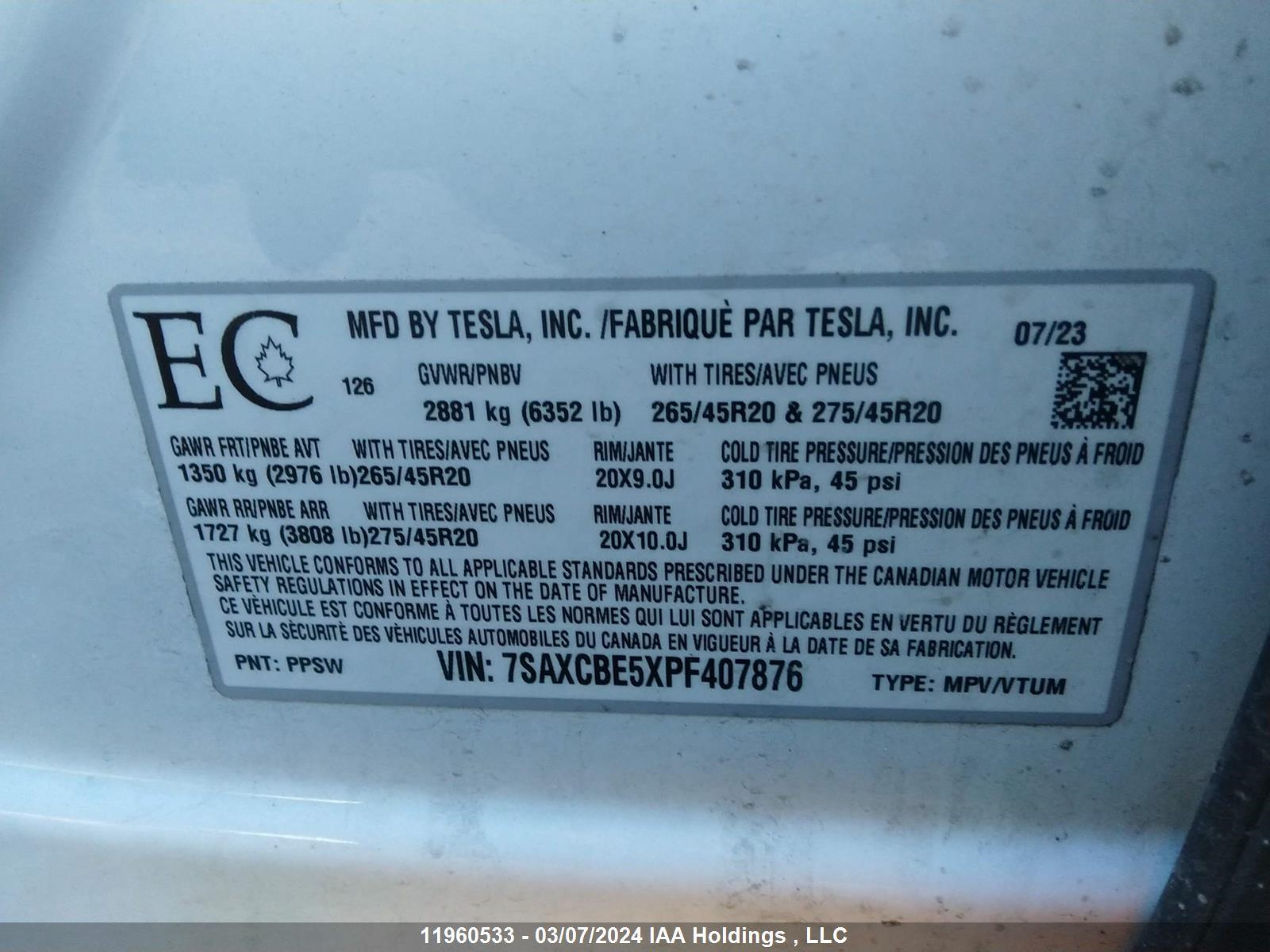 Photo 8 VIN: 7SAXCBE5XPF407876 - TESLA MODEL X 