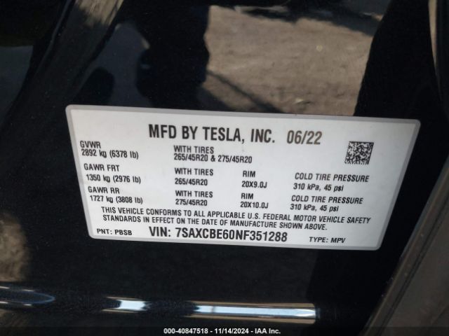 Photo 8 VIN: 7SAXCBE60NF351288 - TESLA MODEL X 