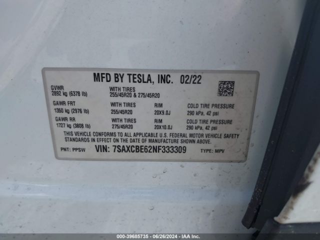 Photo 8 VIN: 7SAXCBE62NF333309 - TESLA MODEL X 