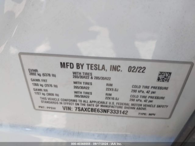 Photo 8 VIN: 7SAXCBE63NF333142 - TESLA MODEL X 