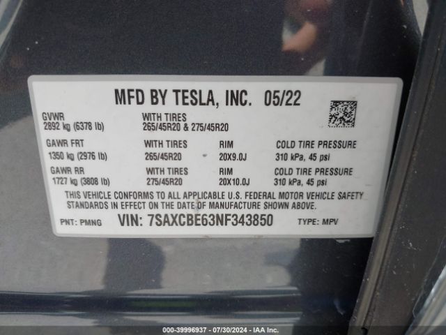 Photo 8 VIN: 7SAXCBE63NF343850 - TESLA MODEL X 