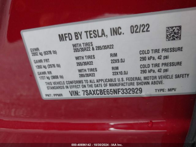 Photo 8 VIN: 7SAXCBE65NF332929 - TESLA MODEL X 