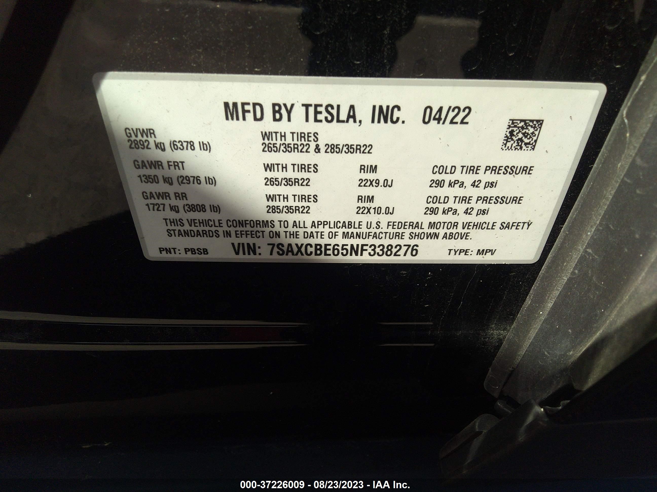 Photo 8 VIN: 7SAXCBE65NF338276 - TESLA MODEL X 