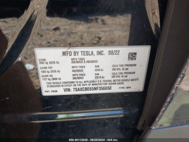 Photo 8 VIN: 7SAXCBE65NF356650 - TESLA MODEL X 