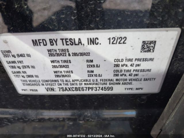 Photo 8 VIN: 7SAXCBE67PF374599 - TESLA MODEL X 