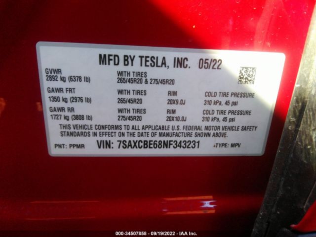 Photo 8 VIN: 7SAXCBE68NF343231 - TESLA MODEL X 