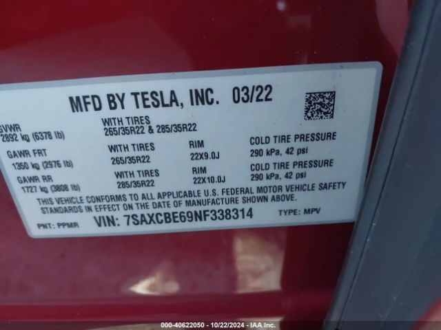 Photo 8 VIN: 7SAXCBE69NF338314 - TESLA MODEL X 