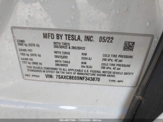 Photo 8 VIN: 7SAXCBE69NF343870 - TESLA MODEL X 