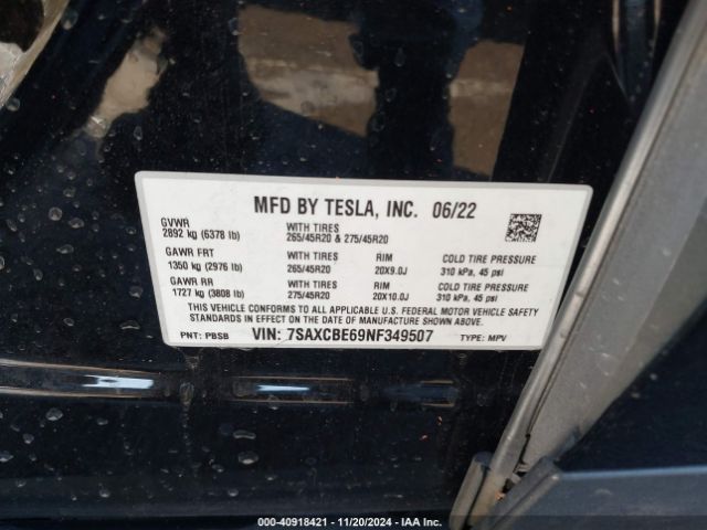 Photo 8 VIN: 7SAXCBE69NF349507 - TESLA MODEL X 