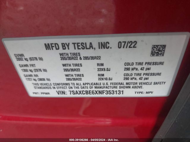 Photo 8 VIN: 7SAXCBE6XNF353131 - TESLA MODEL X 