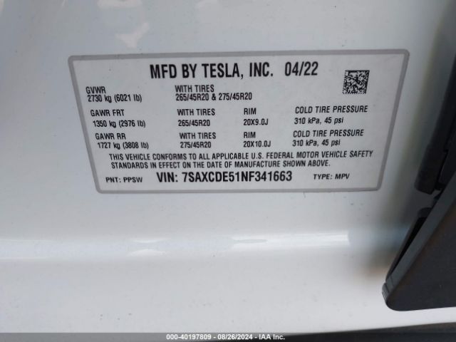 Photo 8 VIN: 7SAXCDE51NF341663 - TESLA MODEL X 