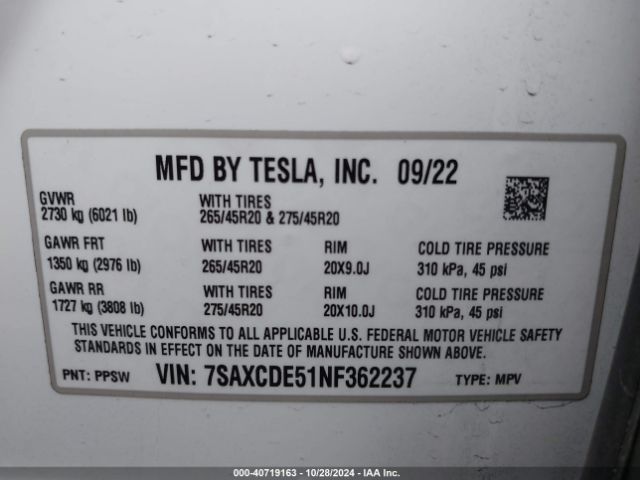 Photo 8 VIN: 7SAXCDE51NF362237 - TESLA MODEL X 