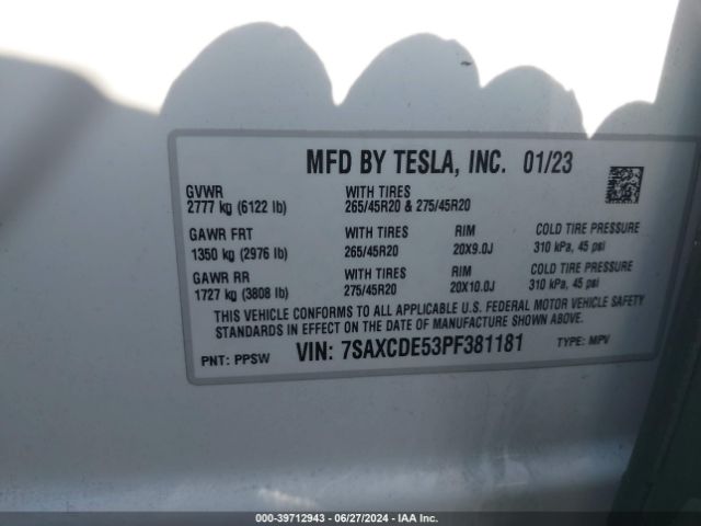 Photo 8 VIN: 7SAXCDE53PF381181 - TESLA MODEL X 