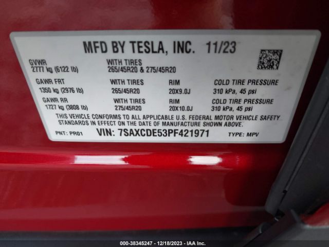 Photo 8 VIN: 7SAXCDE53PF421971 - TESLA MODEL X 