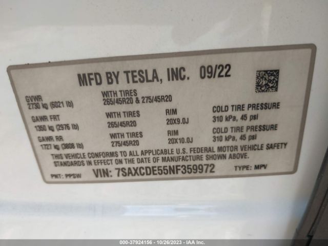 Photo 8 VIN: 7SAXCDE55NF359972 - TESLA MODEL X 