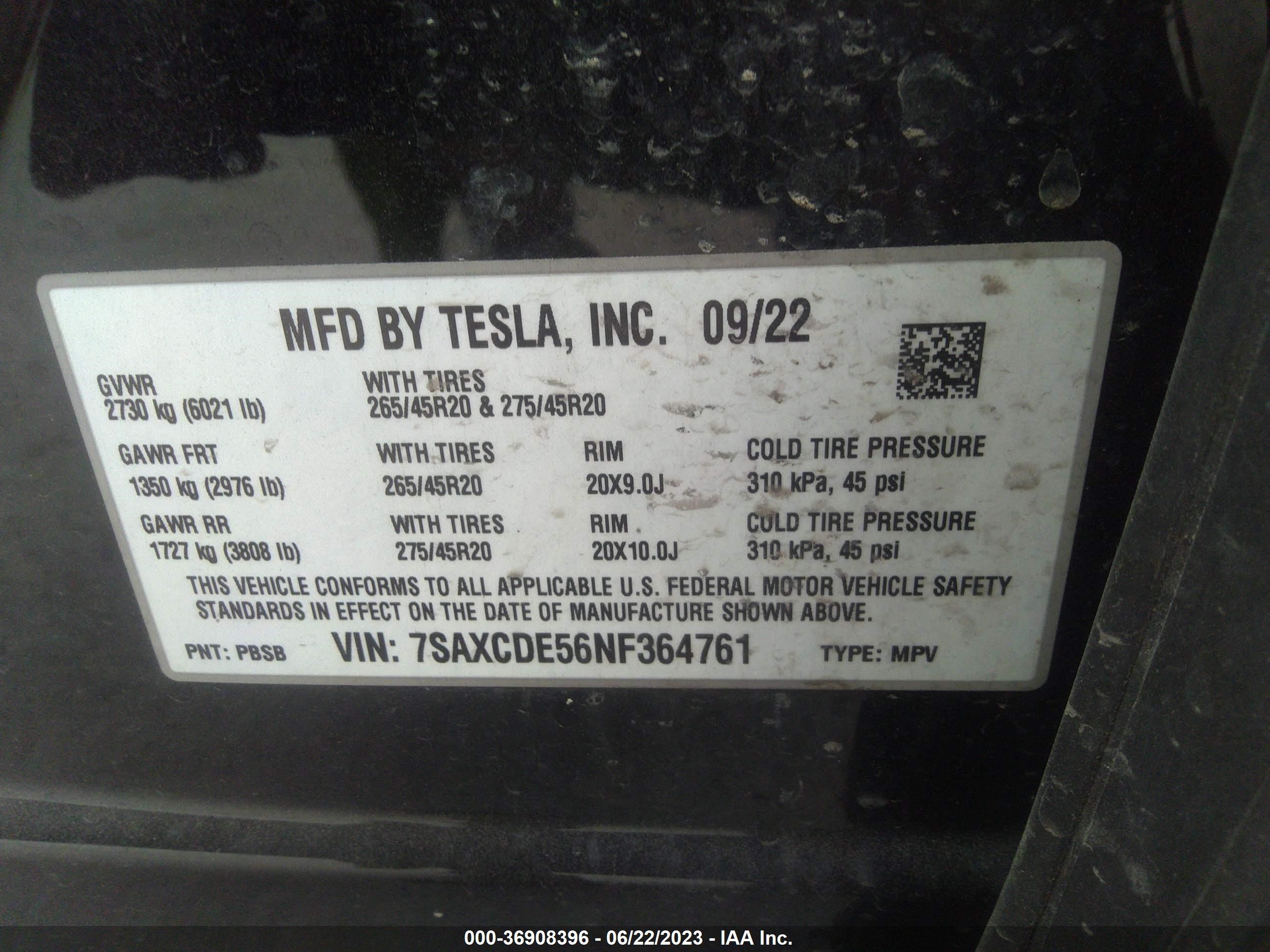 Photo 8 VIN: 7SAXCDE56NF364761 - TESLA MODEL X 